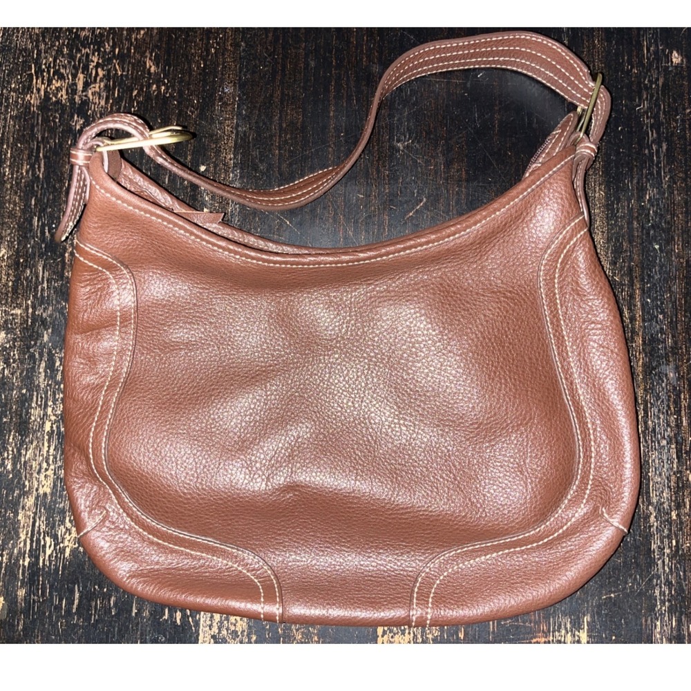 Ann Taylor Loft Brown Pebbled Leather Hobo Shoulder Bag White Stitching Brass
